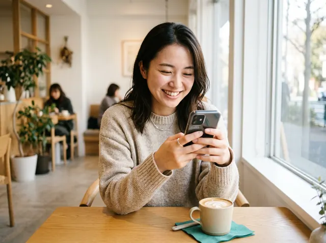 カフェでスマートフォンのメッセージを見て微笑む女性